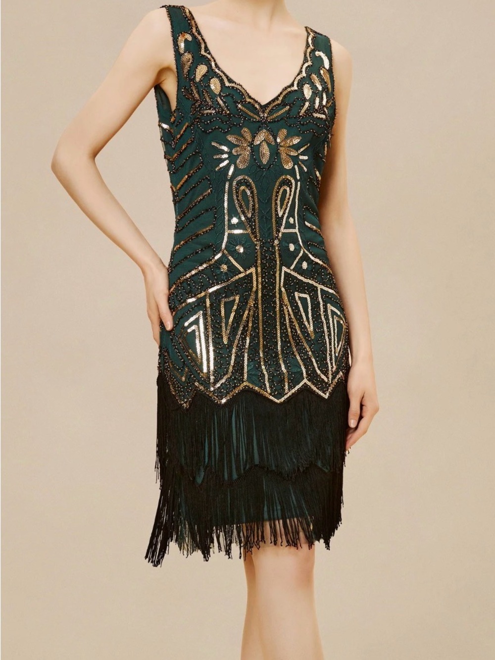 Babeyond Art Deco Flapper Dress Emerald Green Fringe V-Neck medium
